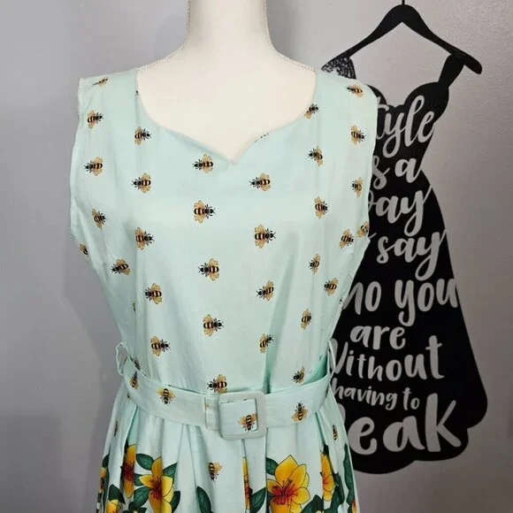 iHot Floral Bee 50's Style Sleeveless Belted A Line Pleated Swing Tea Dress NEW - Picture 2 of 8
